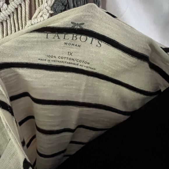 Talbots Ivory Black Stripe Plus Size 1X Rhinestones 3/4 Sleeves Knit Top Blouse - Picture 10 of 12